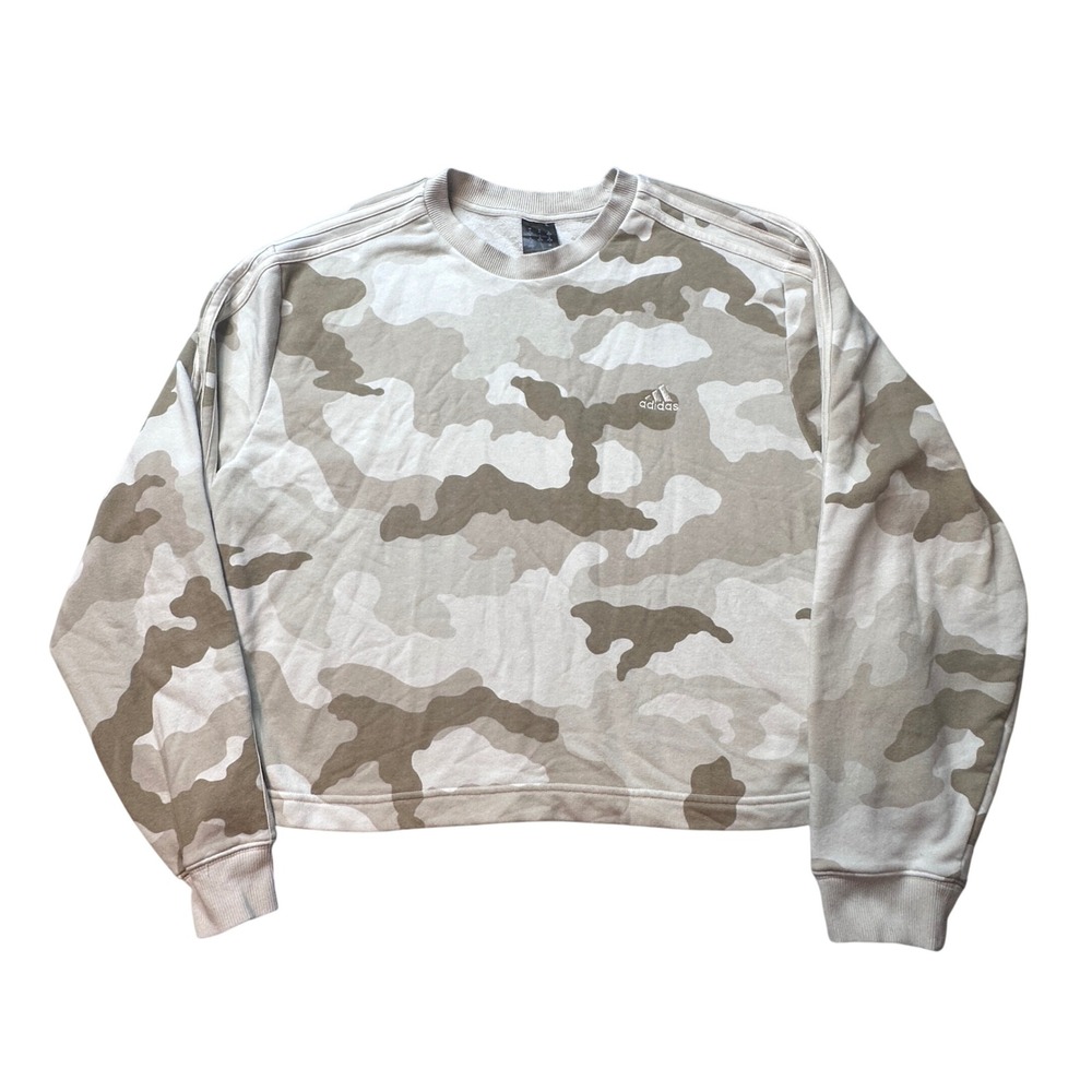Adidas Sweatshirt Womens XL Beige Camo Crewneck Cropped Pullover Three Stripe